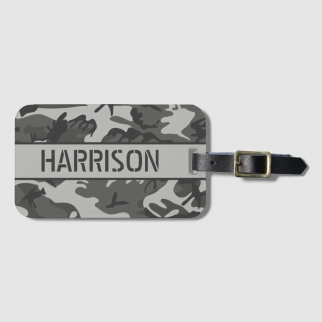 Personalised Grey Camo Luggage Tag (Front Horizontal)