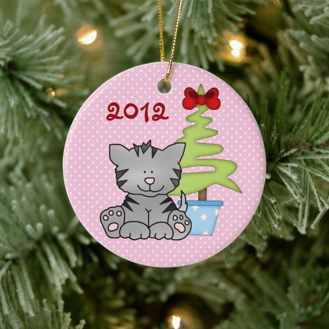 Personalised Grey Cat on Pink Baby's 1st Christmas Ceramic Ornament (Tree)