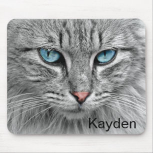 Personalised Grey Cat with Blue Eyes Mouse Pad