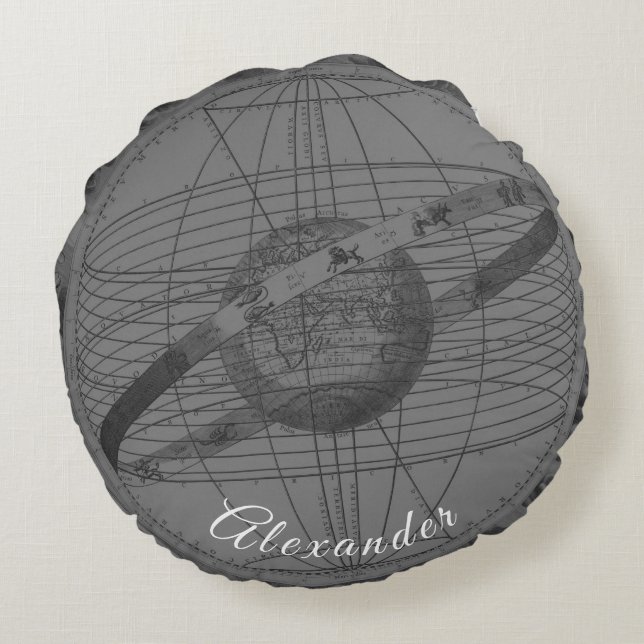 Personalised Grey Celestial Map Nautical  Round Cushion (Back)