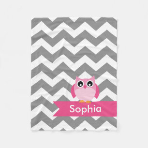Personalised Grey Chevron Pink Owl Fleece Blanket