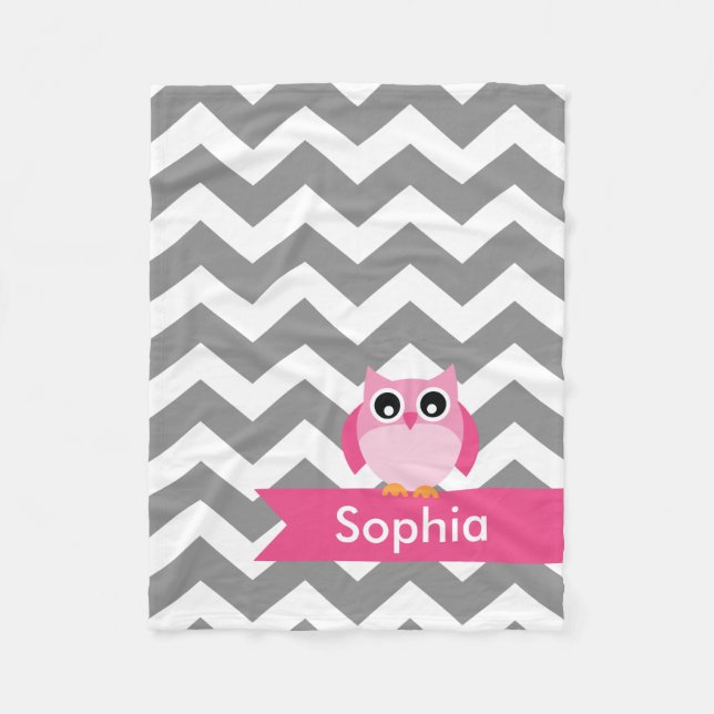 Personalised Grey Chevron Pink Owl Fleece Blanket (Front)