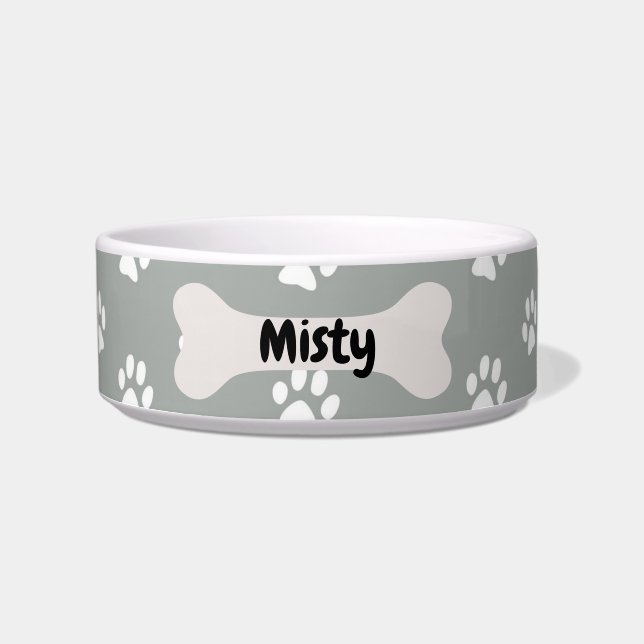 Personalised  Grey Dog Puppy Paw Print Bowl (Front)