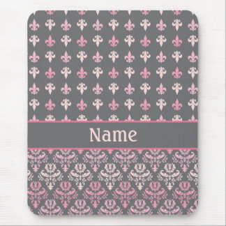 Personalised Grey Fleur de Lis Damask Pattern Mouse Pad