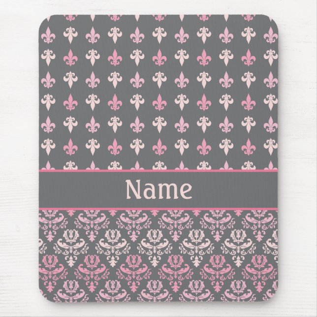 Personalised Grey Fleur de Lis Damask Pattern Mouse Pad (Front)