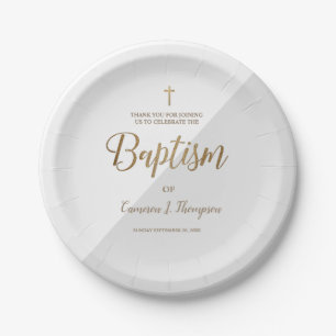 Personalised Grey Gold Cross Baby Baptism Paper Plate