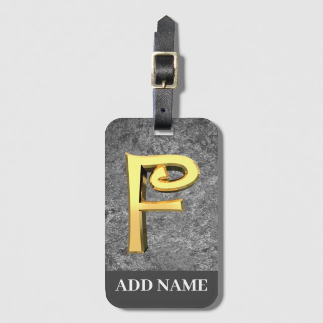 Personalised Grey & Gold Monogram Letter F Luggage Tag (Front Vertical)