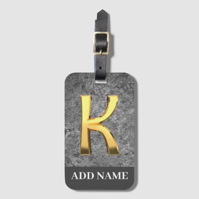 Personalised Grey & Gold Monogram Letter K Luggage Tag (Front Vertical)