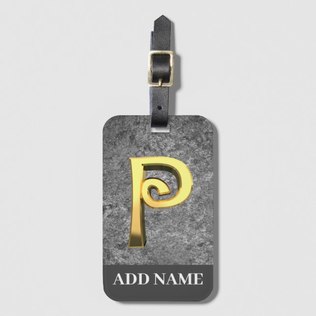 Personalised Grey & Gold Monogram Letter P Luggage Tag (Front Vertical)