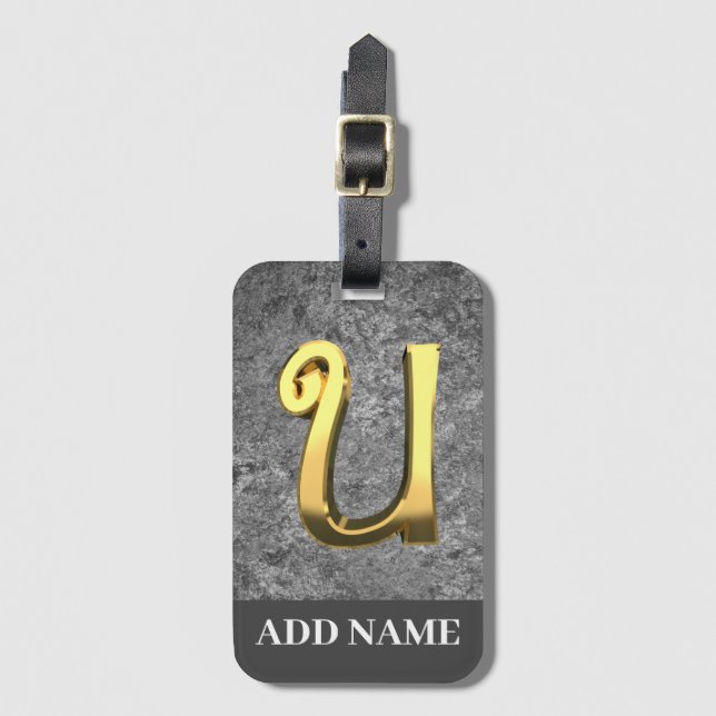 Personalised Grey & Gold Monogram Letter U Luggage Tag (Front Vertical)