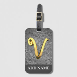 Personalised Grey & Gold Monogram Letter V Luggage Tag