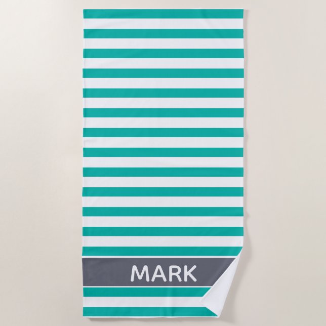 Personalised Grey Green And White Cabana Stripe Beach Towel (Front)