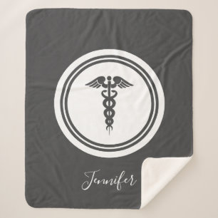 Personalised Grey Hamd Lettered Medical Caduceus  Sherpa Blanket