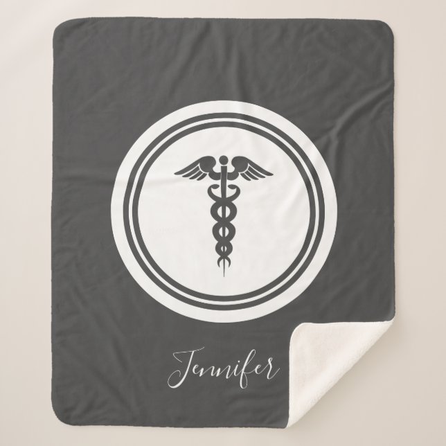 Personalised Grey Hamd Lettered Medical Caduceus  Sherpa Blanket (Front)