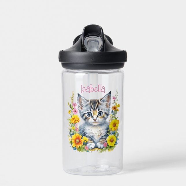 Personalised Grey Kitten and Flowers Watercolor Water Bottle (Front)