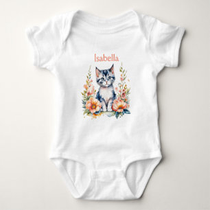 Personalised Grey Kitten in Pink Flowers Baby Bodysuit