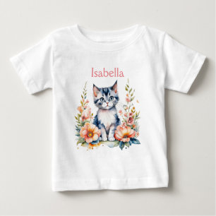 Personalised Grey Kitten in Pink Flowers Baby T-Shirt
