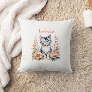 Personalised Grey Kitten in Pink Flowers Cushion