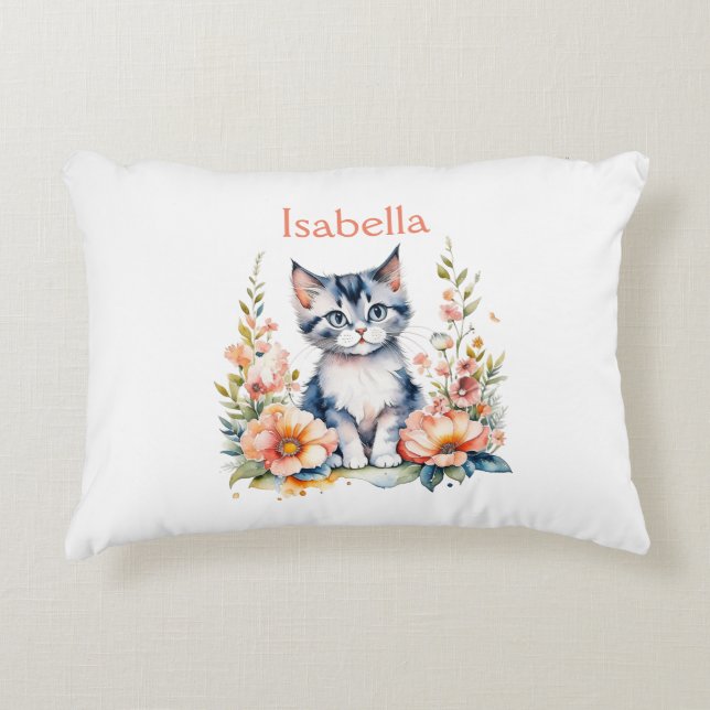 Personalised Grey Kitten in Pink Flowers Decorative Cushion (Front)
