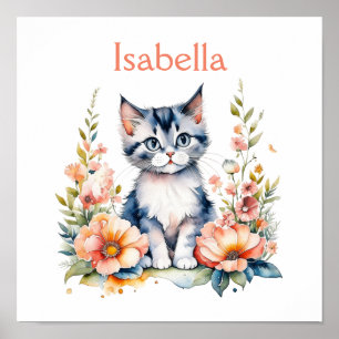 Personalised Grey Kitten in Pink Flowers Poster