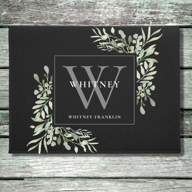 Personalised Grey Monogram Greenery Floral Black Doormat (Creator Uploaded)