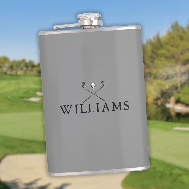 Personalised Grey Name Golf Clubs Hip Flask (Personalized Gray Name Golf Clubs Flask)