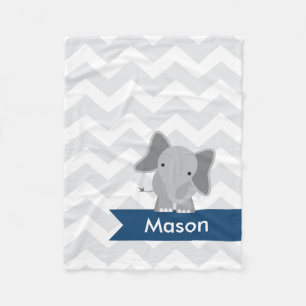 Personalised Grey Navy Blue Chevron Elephant Fleece Blanket