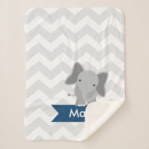 Personalised Grey Navy Blue Chevron Elephant Sherpa Blanket