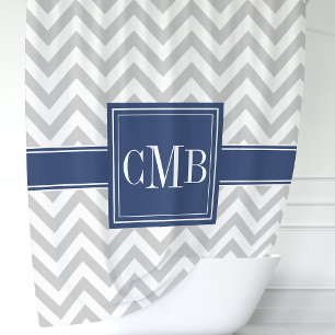 Personalised Grey Navy Blue Chevron Monogram Shower Curtain