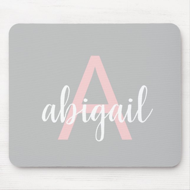 Personalised Grey Pink Monogram Modern Name Mouse Pad (Front)