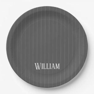 Personalised grey pinstripes paper plate