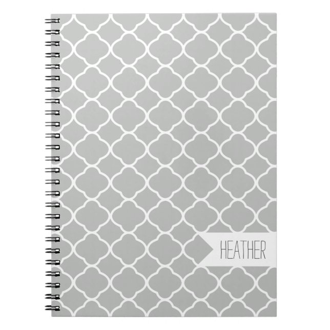 Personalised Grey Quatrefoil Pattern Notebook (Front)