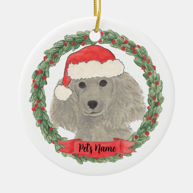 Personalised Grey Silver Poodle Ceramic Ornament (Front)
