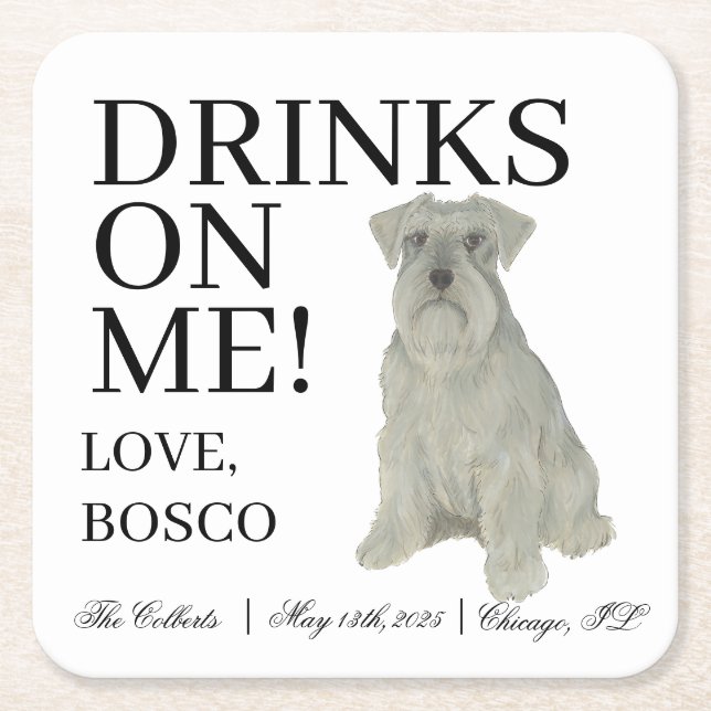 Personalised Grey Silver Schnauzer Dog Wedding Square Paper Coaster (Front)