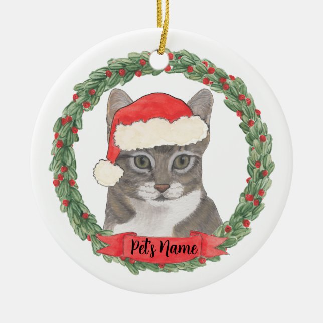 Personalised Grey Tabby Cat Ceramic Ornament (Front)
