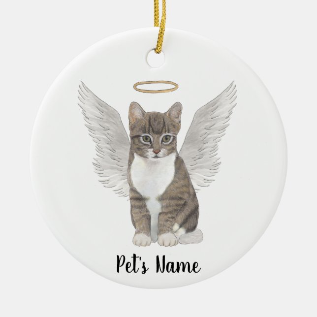 Personalised Grey Tabby Cat Sympathy Memorial Ceramic Ornament (Front)