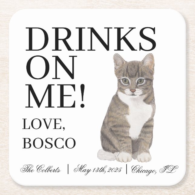 Personalised Grey Tabby Cat Wedding Square Paper Coaster (Front)