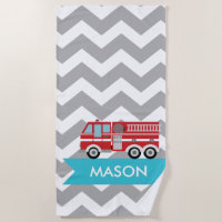 Personalised Grey Teal Chevron Fire Truck Boy