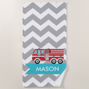 Personalised Grey Teal Chevron Fire Truck Boy Beach Towel