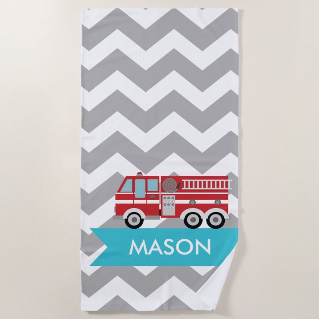 Personalised Grey Teal Chevron Fire Truck Boy Beach Towel (Front)