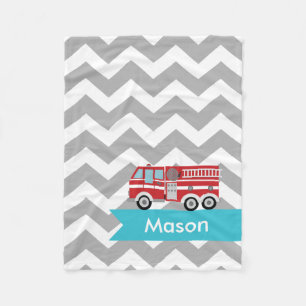Personalised Grey Teal Chevron Fire Truck Fleece Blanket