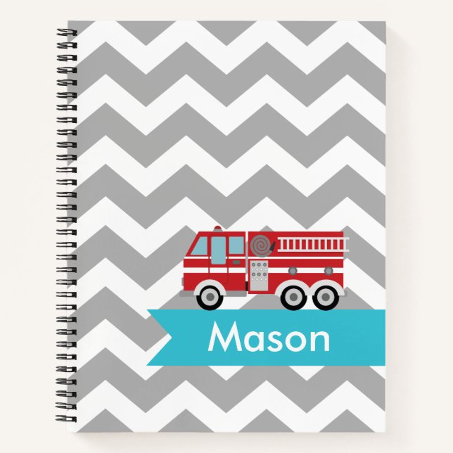 Personalised Grey Teal Chevron Fire Truck Kids Notebook (Front)