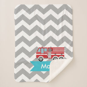 Personalised Grey Teal Chevron Fire Truck Sherpa Blanket