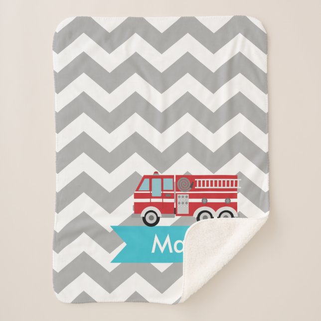 Personalised Grey Teal Chevron Fire Truck Sherpa Blanket (Front)
