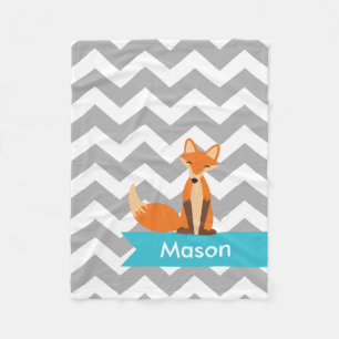 Personalised Grey Teal Chevron Fox Fleece Blanket