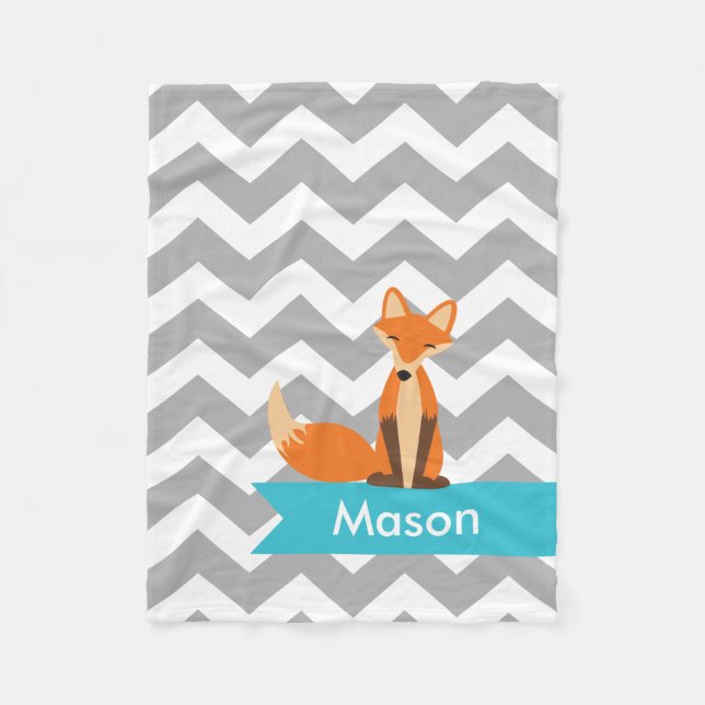 Personalised Grey Teal Chevron Fox Fleece Blanket (Front)