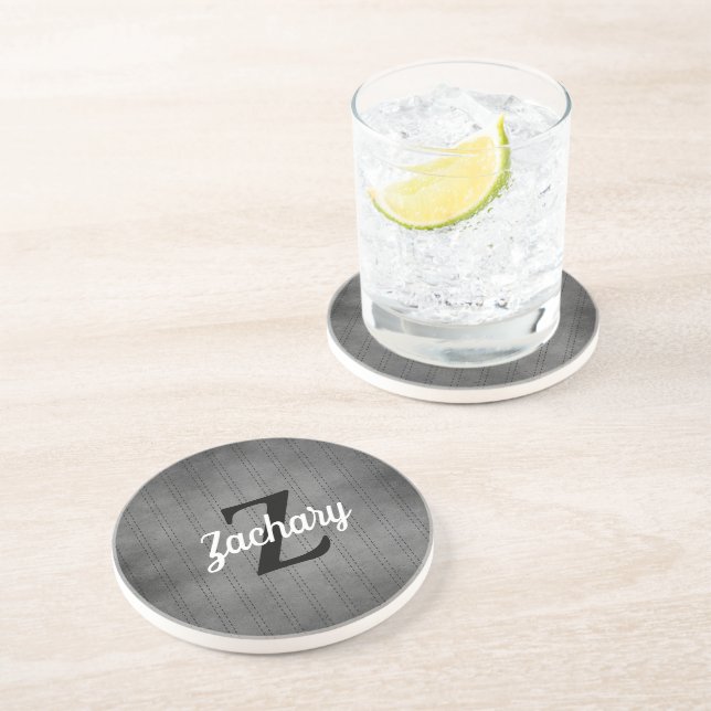 Personalised Grey Vintage Pinstripe Retro Monogram Coaster (Side)