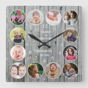 Personalised Grey Wood 12 Family Photo Collage Square Wall Clock