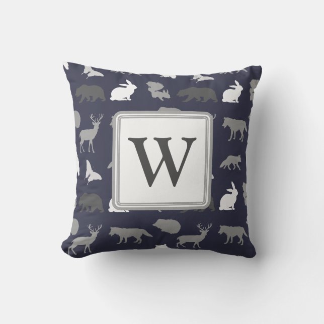 Personalised - Grey Woodland Creatures Pattern Cushion (Front)