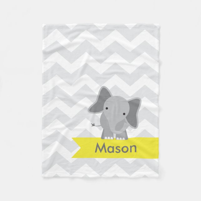 Personalised Grey Yellow Chevron Elephant Fleece Blanket (Front)